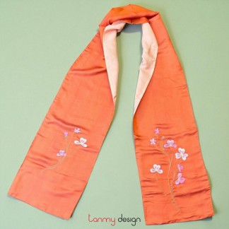 Khăn lụa 2 mặt cam thêu hoa 25*200 cm- Mẫu 5